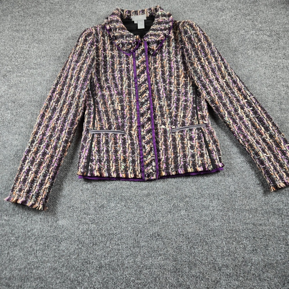 Eccoci Tweed Blazer Jacket Womens Size 4 Purple Wool Silk Trim Peter Pan Collar